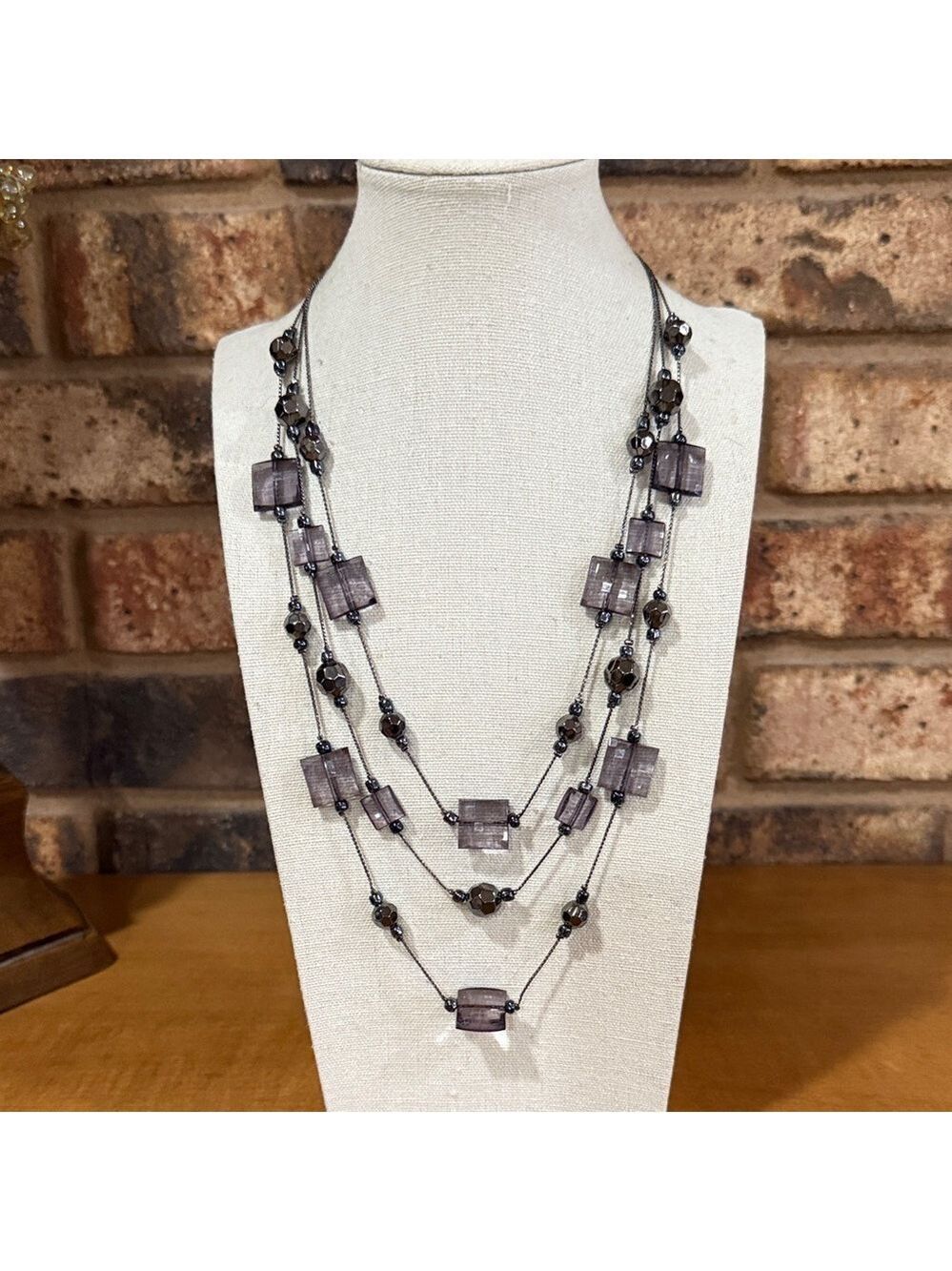 Triple strand purple square beaded gun metal necklace